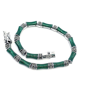 Bamboo Style Bracelet Set With Green Enamel And Marcasite In 925 English Hallmarked Sterling Silver