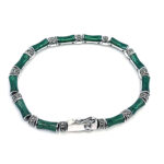 Bamboo Style Bracelet Set With Green Enamel And Marcasite In 925 English Hallmarked Sterling Silver