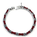 Bamboo Style Bracelet Set With Red Enamel And Marcasite In 925 English Hallmarked Sterling Silver