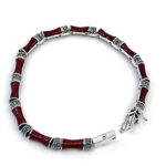 Bamboo Style Bracelet Set With Red Enamel And Marcasite In 925 English Hallmarked Sterling Silver