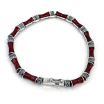 Bamboo Style Bracelet Set With Red Enamel And Marcasite In 925 English Hallmarked Sterling Silver