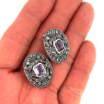 Victorian Style Clip On Earrings With Amethyst And Marcasite Detail Finished In 925 English Hallmarked Sterling Silver