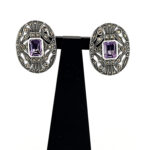 Victorian Style Clip On Earrings With Amethyst And Marcasite Detail Finished In 925 English Hallmarked Sterling Silver