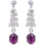 Elegant Drop Earrings 1950s Style Rhodium Plated Metal Alloy Set With Enamel And Purple Czech Crystals