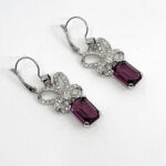 Elegant Drop Earrings Elizabethan Style Rhodium Plated Metal Alloy Set With Clear And Purple Czech Crystals