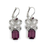 Elegant Drop Earrings Elizabethan Style Rhodium Plated Metal Alloy Set With Clear And Purple Czech Crystals