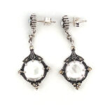 Victorian Style Drop Earrings With Cultured Pearl And Marcasite Detail Finished In 925 English Hallmarked Sterling Silver