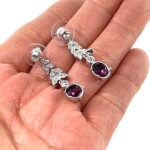 Elegant Drop Earrings 1950s Style Rhodium Plated Metal Alloy Set With Enamel And Purple Czech Crystals