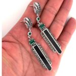 Art Deco Style Drop Earrings With Onyx Green Agate And Marcasite Detail Finished In 925 English Hallmarked Sterling Silver