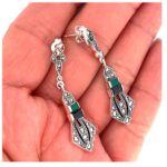 Art Deco Style Drop Earrings With Onyx Green Agate And Marcasite Detail Finished In 925 English Hallmarked Sterling Silver