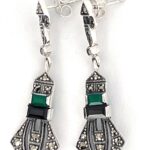 Art Deco Style Drop Earrings With Onyx Green Agate And Marcasite Detail Finished In 925 English Hallmarked Sterling Silver