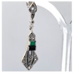 Art Deco Style Drop Earrings With Onyx Green Agate And Marcasite Detail Finished In 925 English Hallmarked Sterling Silver
