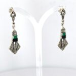 Art Deco Style Drop Earrings With Onyx Green Agate And Marcasite Detail Finished In 925 English Hallmarked Sterling Silver