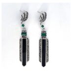 Art Deco Style Drop Earrings With Onyx Green Agate And Marcasite Detail Finished In 925 English Hallmarked Sterling Silver