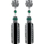 Art Deco Style Drop Earrings With Onyx Green Agate And Marcasite Detail Finished In 925 English Hallmarked Sterling Silver