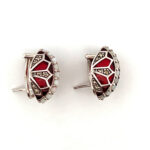 Elizabethan Style Earrings With Red Enamel Opal And Marcasite Detail Finished In 925 English Hallmarked Sterling Silver
