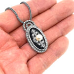 Art Deco Style Black Enamel Pearl And Crystal Necklace Finished In 925 English Hallmarked Sterling Silver