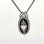 Art Deco Style Black Enamel Pearl And Crystal Necklace Finished In 925 English Hallmarked Sterling Silver