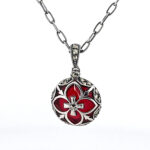 Elizabethan Style Necklace With Red Enamel And Marcasite Finished In 925 English Hallmarked Sterling Silver