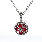 Elizabethan Style Necklace With Red Enamel And Marcasite Finished In 925 English Hallmarked Sterling Silver