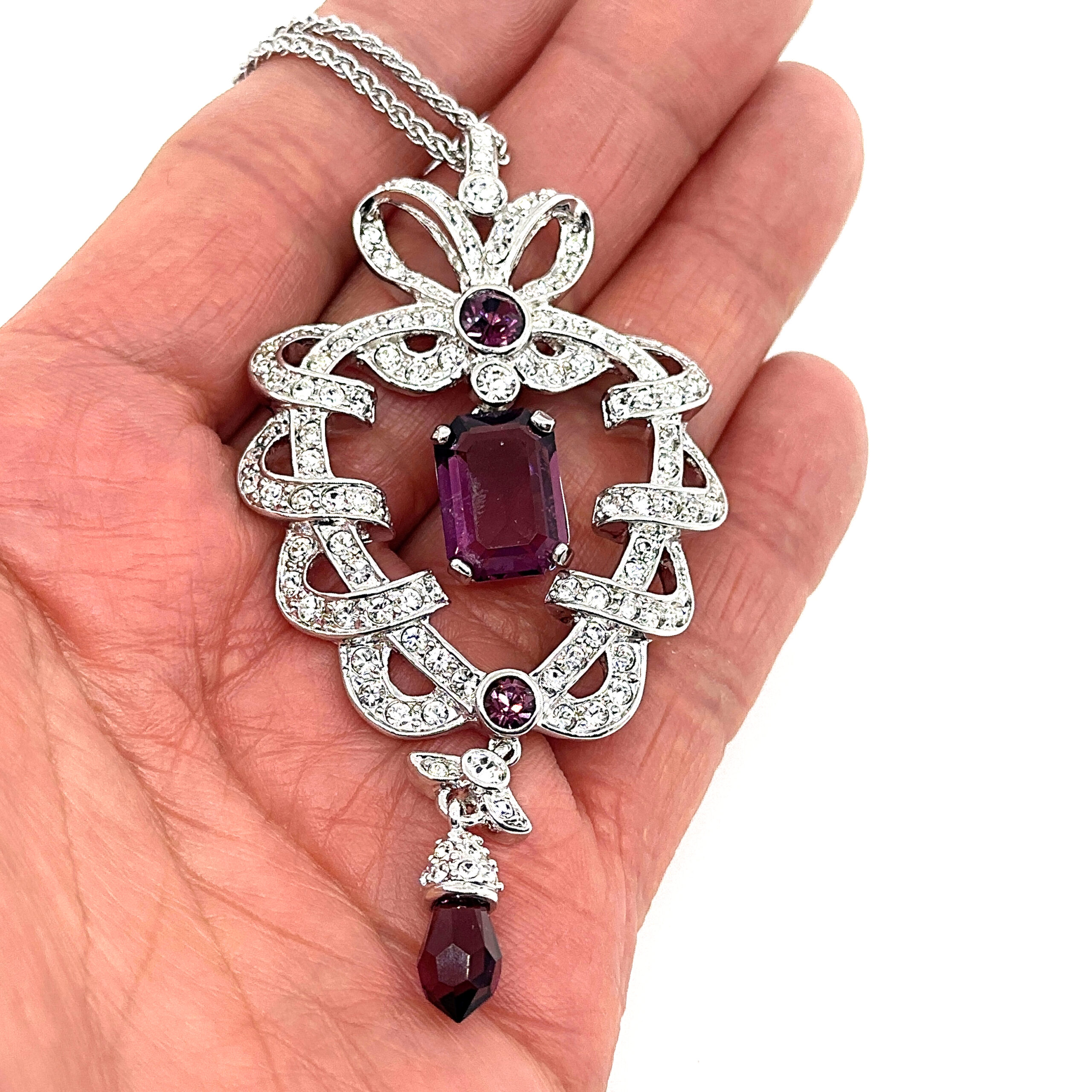 EC3 (10) Necklace Elizabethan Style Rhodium Plated Metal Alloy Set With Purple And Clear Czech Crystals