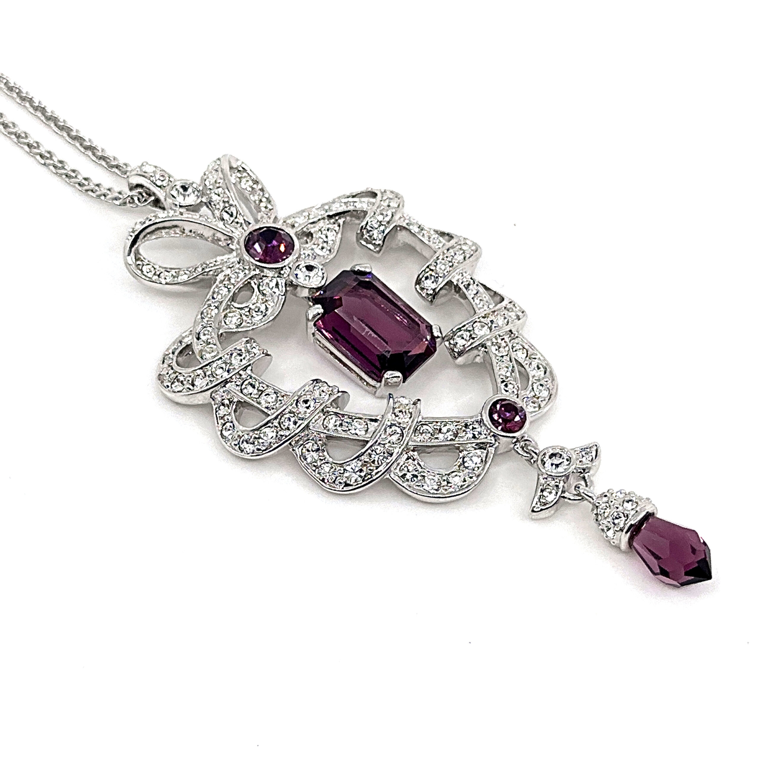 EC3 (5) Necklace Elizabethan Style Rhodium Plated Metal Alloy Set With Purple And Clear Czech Crystals