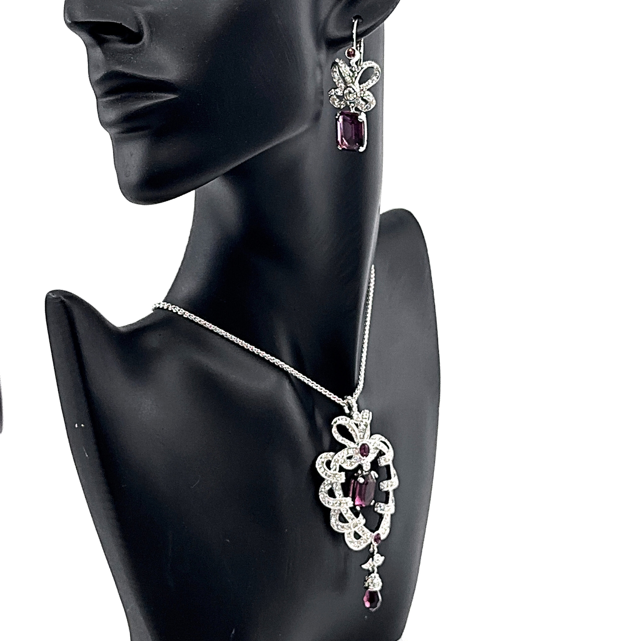 EC3 (3) Necklace Elizabethan Style Rhodium Plated Metal Alloy Set With Purple And Clear Czech Crystals