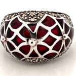 Elizabethan Style Ring Set With Red Enamel And Marcasite Finished In 925 English Hallmarked Sterling Silver