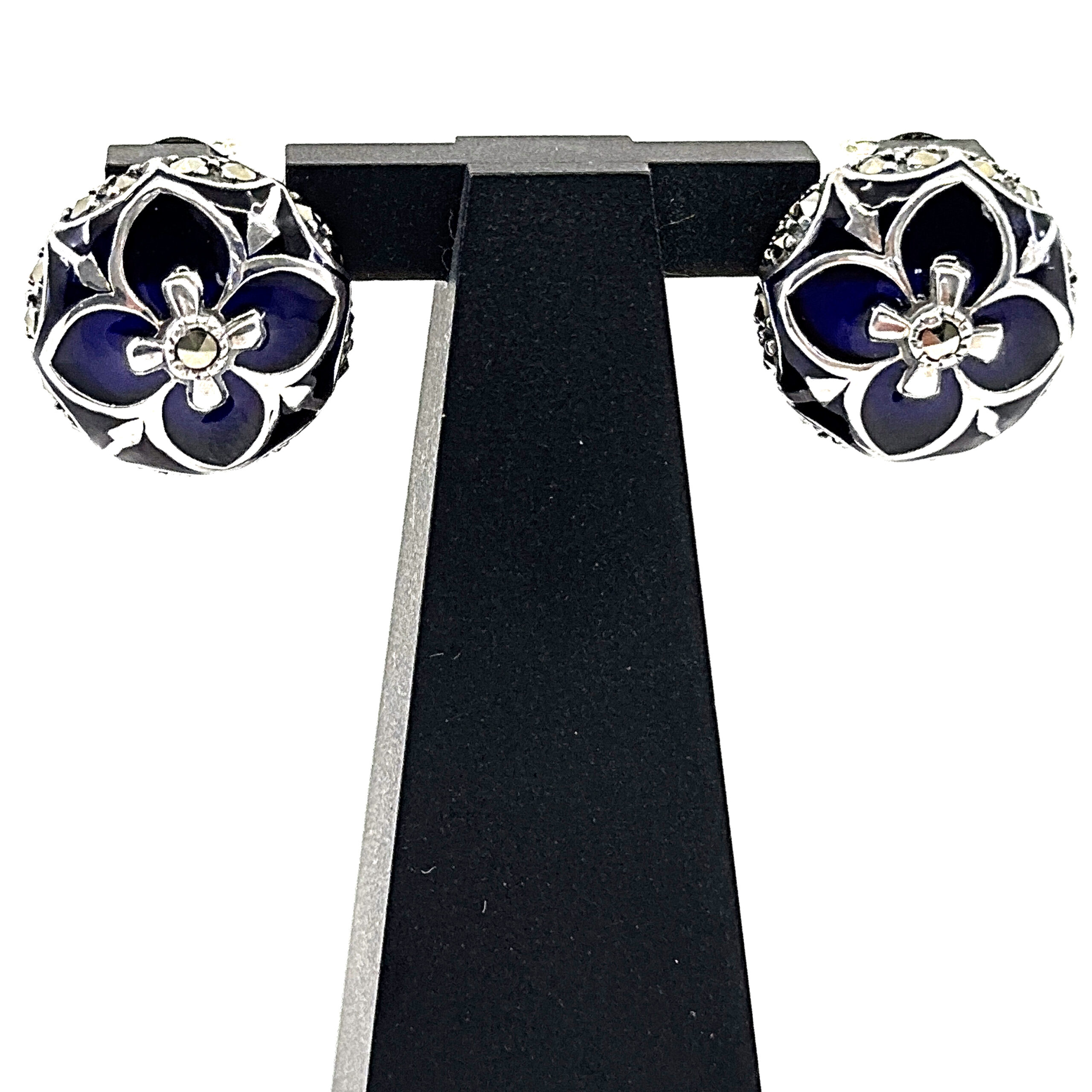 EA515 (4) Elizabethan Style Stud Earrings With Blue Enamel And Marcasite Detail Finished In 925 English Hallmarked Sterling Silver