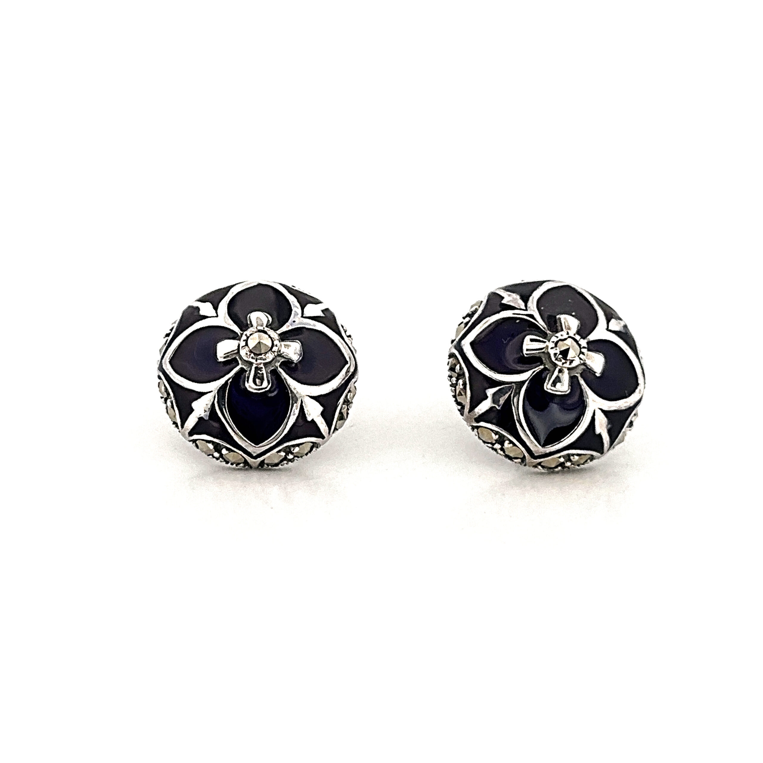 EA515 (6) Elizabethan Style Stud Earrings With Blue Enamel And Marcasite Detail Finished In 925 English Hallmarked Sterling Silver