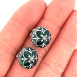 Elizabethan Style Stud Earrings With Green Enamel And Marcasite Detail Finished In 925 English Hallmarked Sterling Silver