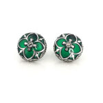 Elizabethan Style Stud Earrings With Green Enamel And Marcasite Detail Finished In 925 English Hallmarked Sterling Silver