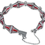 Elizabethan Style Bracelet Set with Red Enamel, Opal and Marcasite in 925 English Hallmarked Sterling Silver