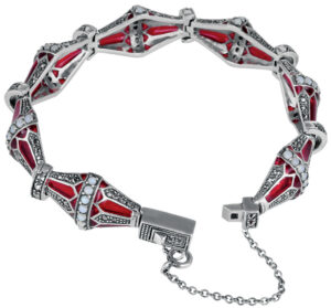 Elizabethan Style Bracelet Set with Red Enamel, Opal and Marcasite in 925 English Hallmarked Sterling Silver