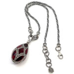 Elizabethan Style Egg Shaped Necklace With Red Enamel And Marcasite Finished In 925 English Hallmarked Sterling Silver