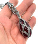 Elizabethan Style Egg Shaped Necklace With Red Enamel And Marcasite Finished In 925 English Hallmarked Sterling Silver