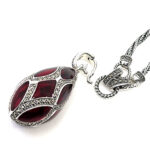 Elizabethan Style Egg Shaped Necklace With Red Enamel And Marcasite Finished In 925 English Hallmarked Sterling Silver