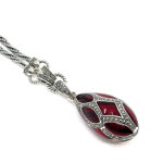 Elizabethan Style Egg Shaped Necklace With Red Enamel And Marcasite Finished In 925 English Hallmarked Sterling Silver