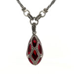 Elizabethan Style Egg Shaped Necklace With Red Enamel And Marcasite Finished In 925 English Hallmarked Sterling Silver