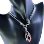 Elizabethan Style Egg Shaped Necklace With Red Enamel And Marcasite Finished In 925 English Hallmarked Sterling Silver