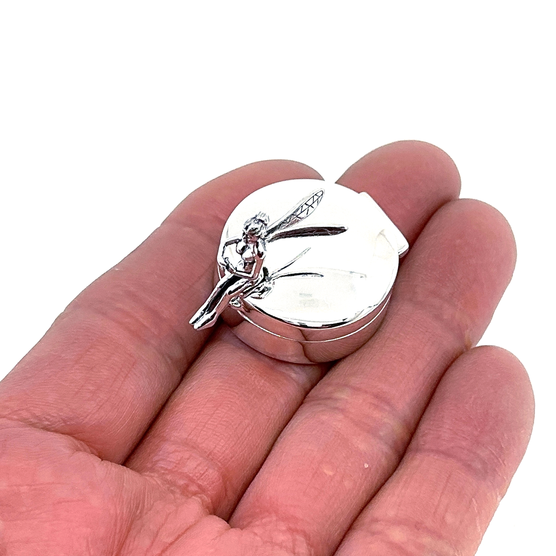 PB605 (10) Fairy on Round Pill Box, finished in 925 English Hallmarked Sterling Silver