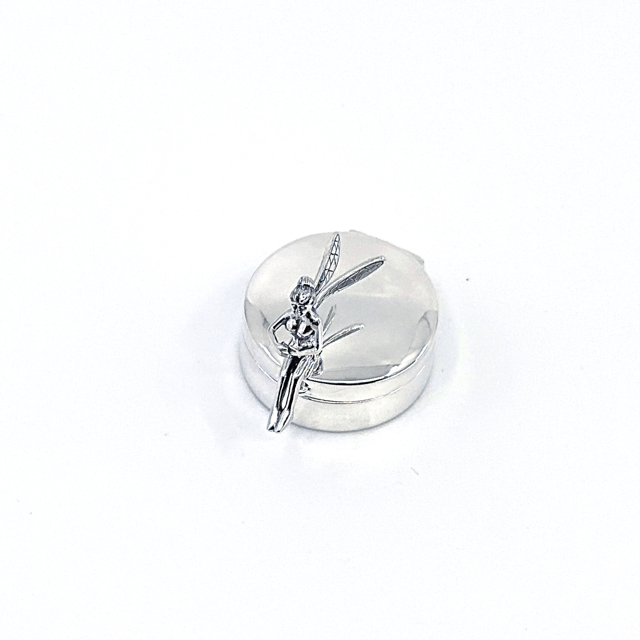 PB605 (6) Fairy on Round Pill Box, finished in 925 English Hallmarked Sterling Silver
