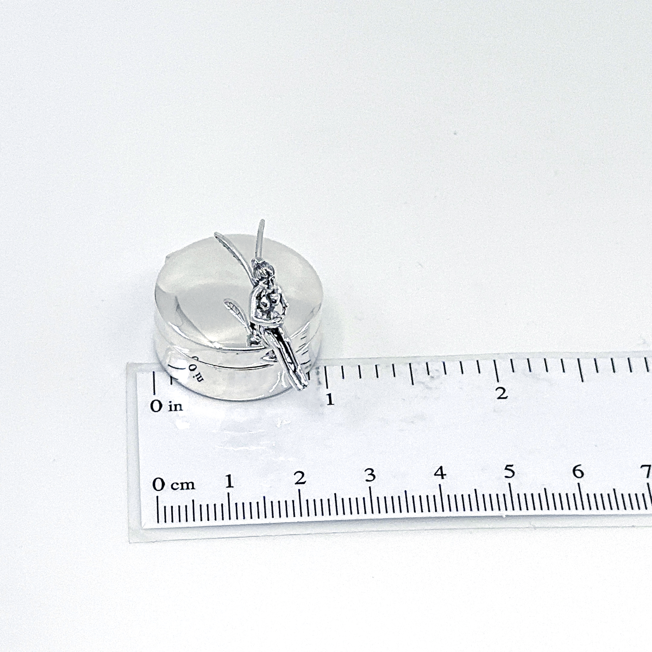 PB605 (3) Fairy on Round Pill Box, finished in 925 English Hallmarked Sterling Silver