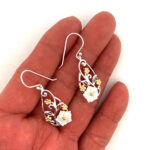 Floral Drop Earrings Victorian Style With Gold Plating And White Shell Finished In 925 English Hallmarked Sterling Silver