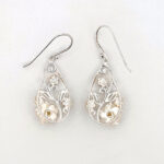Floral Drop Earrings Victorian Style With Gold Plating And White Shell Finished In 925 English Hallmarked Sterling Silver