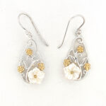 Floral Drop Earrings Victorian Style With Gold Plating And White Shell Finished In 925 English Hallmarked Sterling Silver