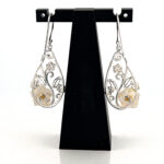 Floral Drop Earrings Victorian Style With Gold Plating And White Shell Finished In 925 English Hallmarked Sterling Silver