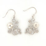 Floral Drop Earrings Victorian Style With White Shell Finished In 925 English Hallmarked Sterling Silver