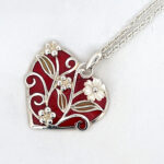 Floral Heart Necklace With White Shell And Red Enamel Finished In 925 English Hallmarked Sterling Silver