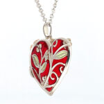 Floral Heart Necklace With White Shell And Red Enamel Finished In 925 English Hallmarked Sterling Silver